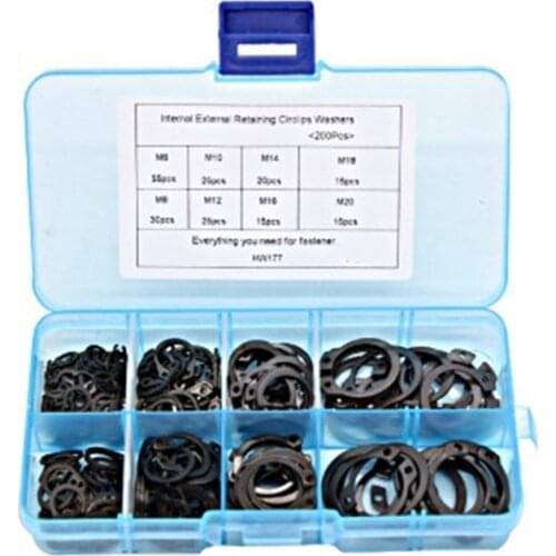200Pcs M6-M20 Internal External Retaining Circlips C-clip Washers Snap Retaining Ring Carbon Steel Assortment Kit