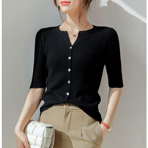 New spring and summer sweater pure color knitted cardigan womens round neck thin slim-fit wool sleeved cashmere coat T-shirt