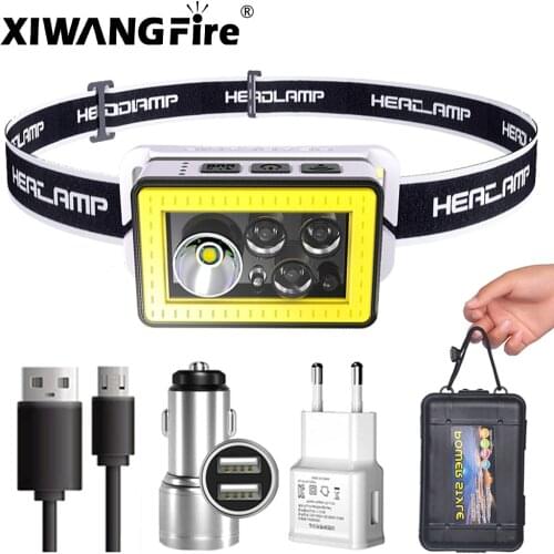 Xiwangfire Portable Strong Headlamp USB Rechargeable T6+COB Sensor Headlight Built-in Battery LED Night Running Waist Light