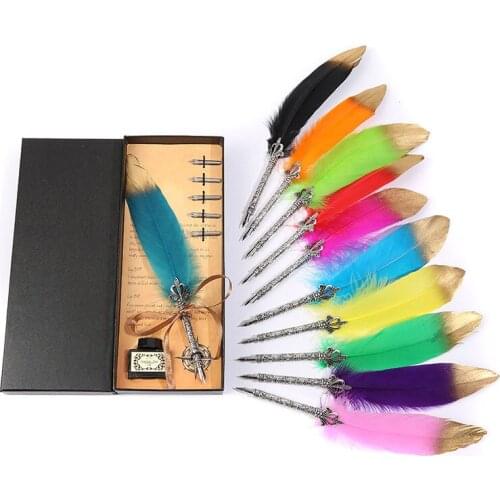 Retro Vintage Calligraphy Spray Golden Feather Pen High Value Office Stationery Set Holiday Gift Writing Stainless Steel Pen