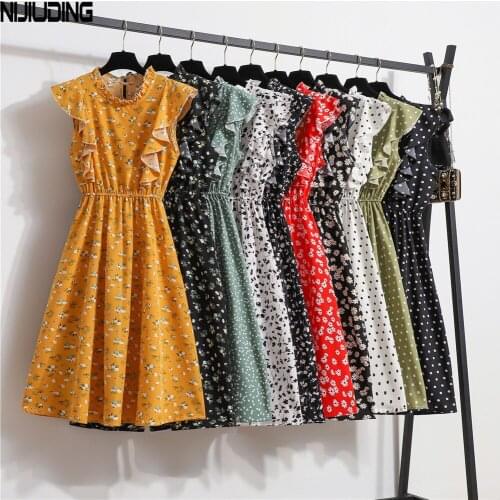 Summer Sleeveless Floral Midi Chiffon Dresses Women Boho Ruffle Stand Collar A-Line Tank Dress Female Dot Party Beach Vestidos