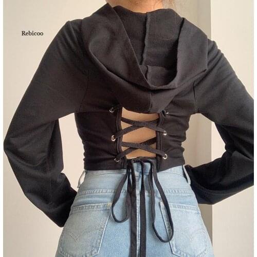Hollow Out Sweatshirt Lace Up Pullovers Full Sleeve Hoodies Solid Crop Top Fall Winter Women Tops Skinny Sexy Hoodies