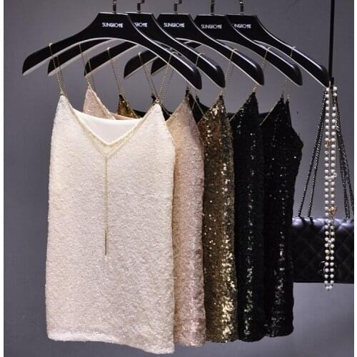 2020 Autumn Bling bling shiny sequined V neck Chain strap camis women gold shiny Chain camisole women sexy V neck sequins tops