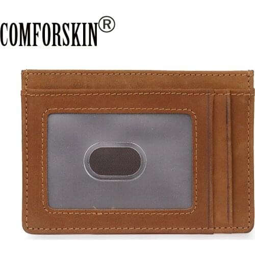 COMFORSKIN Cowhide Leather RIFD Protecting Card Holder New Arrivals Crazy Horse Leather Card Case For Male Short Retro Card Case