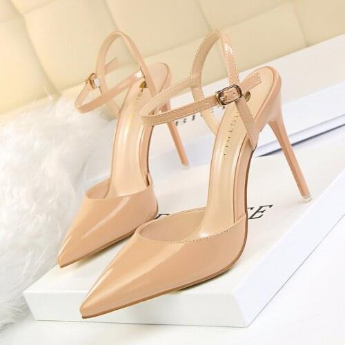 Womens Sandals 10.5CM Simple Stiletto High Heels Shallow Pointed Toe Patent Leather Sexy Nightclub Women Fashion Shoes 11 Colors