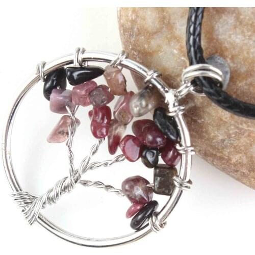 Silver Plated Natural Purple Amethysts Rose Pink Quartzs Garnet Handmade Wire Wrapped Tree of Life Necklace For Charms Jewelry