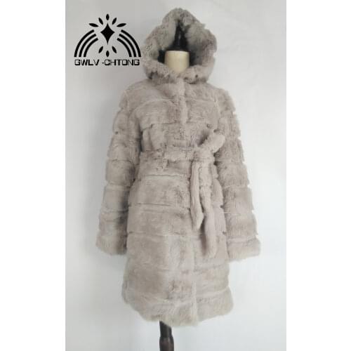 Real genuine natural full pelt whole skin rabbit fur coat with hood with belt women fashion strip jacket ladies overcoat outwear