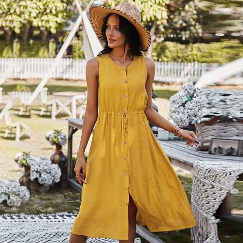 2021 Spring New Yellow Buttom Dress Women Casual O Neck Draw String Sleeveless Dress For Woman Summer Vintage Dresses vestiods
