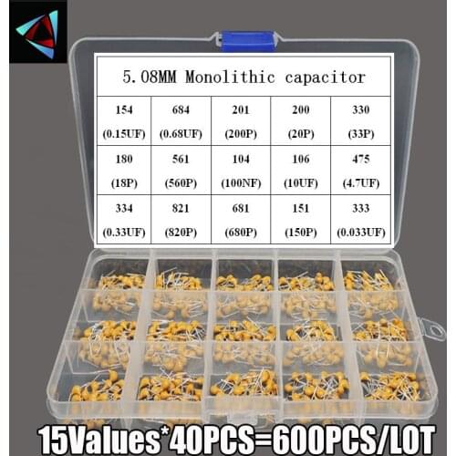 Monolithic Capacitor kit 20pF - 1uF 25values*40pcs=600pcs 105 474 334 224 104 473 333 223 103 472 102 15PF NF Assorted 5.08MM