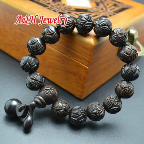 5pcs Chinese Buddhism Lotus Fine Carved Black Common Jujube 13mm Wood Beads Bracelets Buddhist Woodblock Charms Women Jewelry