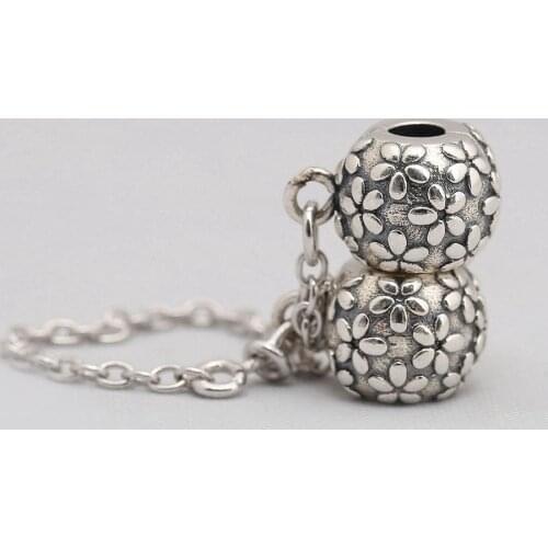 925 Sterling Silver Authentic Bead Charm Clip Vintage Flower Safety Chain Lock Beads Fit Bracelet Bangle DIY Jewelry
