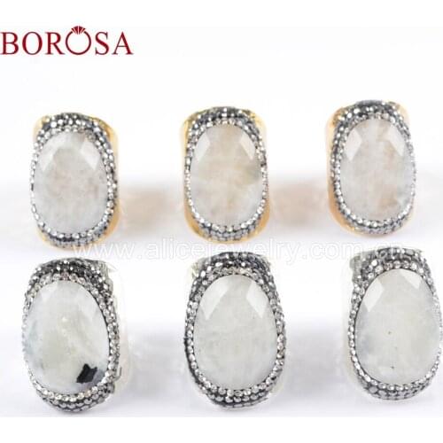 BOROSA 6PCS Gold/Silver Color Natural White Stone Faceted Rings Crystal Paved Black Zircons Fashion Jewelry for Women JAB948