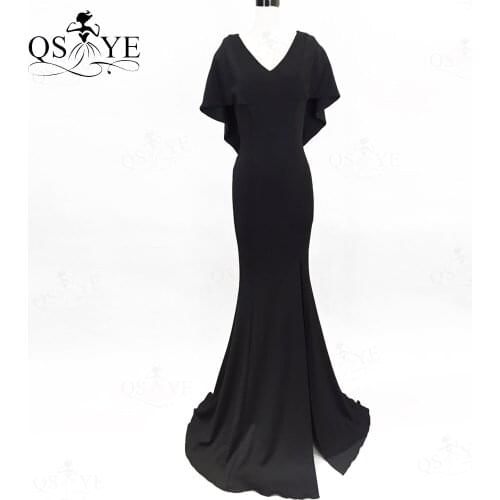 Black Mermaid Evening Dresses Elastic Flare Batted Sleeves Prom Gown Simple V Neck Formal Party Gown Sexy Split Women Gown