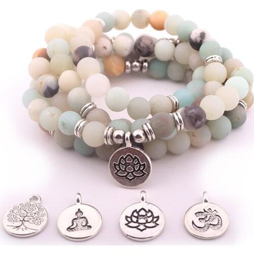 Dropshipping Women`s Bracelet Frosted Amazonite Beads With Lotus OM Buddha Charm Yoga Bracelet 108 Mala Necklace Charm Bracelet