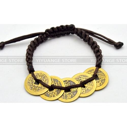 China Fengshui Brass Chinese Ancient Coins Brown Rope Bracelet Adjustable Protection Fortune Hand knit String