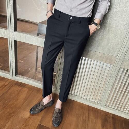 Autumn Solid Color Suit Pants for Men 2021 Vintage Slim Ankle Length Pant Business Casual Male Clothes Social Party Formal Pant