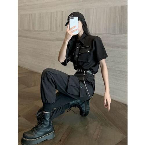 Punk Two Piece Set Women Clothes Workwear Short-sleeved Shirt Waist High Waist Overalls BF Unisex Female Student Summer Suit