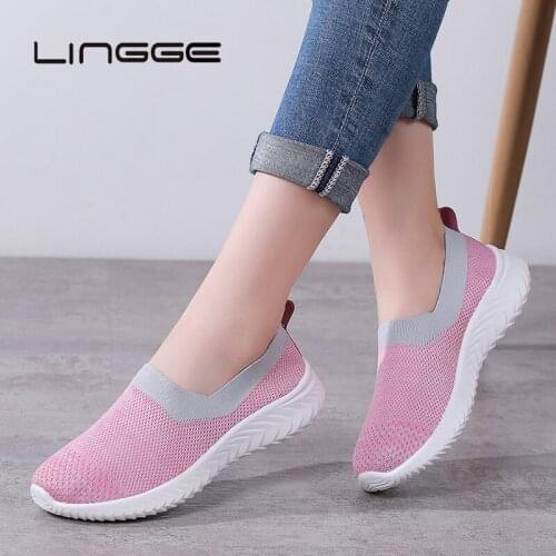 LINGGE Women Lightweight Brand Sneakers Running Shoes Outdoor Sport Shoes Breathable Canvas Trainers Slip On Big Size 35-41