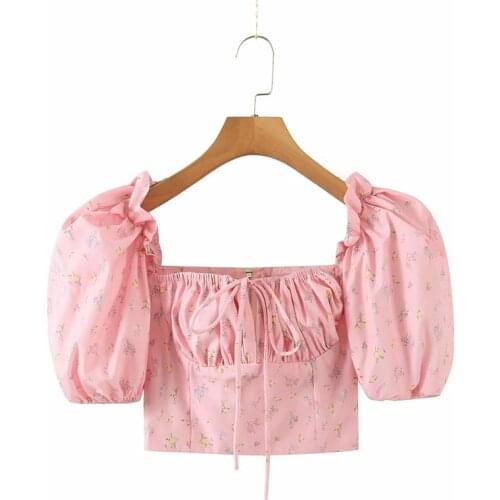 Merodi Chic Ladies Fashion Floral Print Front Drawstring Elastic Pink Short Blouse Women Elegant Short Puff Sleeve Ruffles Tops