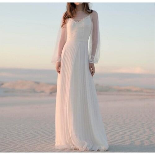 Romantic Bridal Dress Long Sleeve Sheer Floor Length A-Line Bohemian Boho Beach Wedding Dress Wedding Gown Bridal Gown