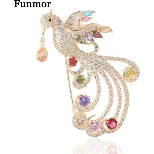 Funmor Luxury Copper Brooch Full Zirconia Phoenix Corsage For Women Female Colorful Crystal Dress Coat Lapel Accessories Gifts