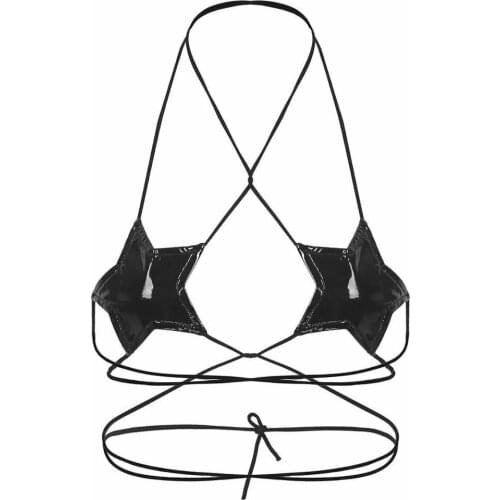 Sexy Women Patent Leather Star Cover Up Bras Tops Bralette Halter Neck Strappy Crop Top String Bikini Lingerie
