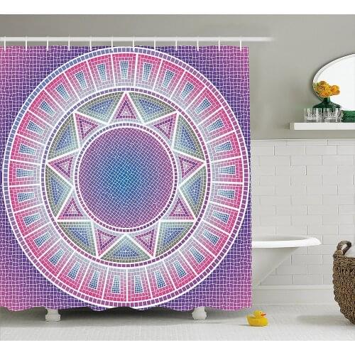 Modern Decor Shower Curtain Ombre Graphic Mosaic Round Shaped Sun Like Artwork Waterproof Polyester Bath Curtain With Hooks