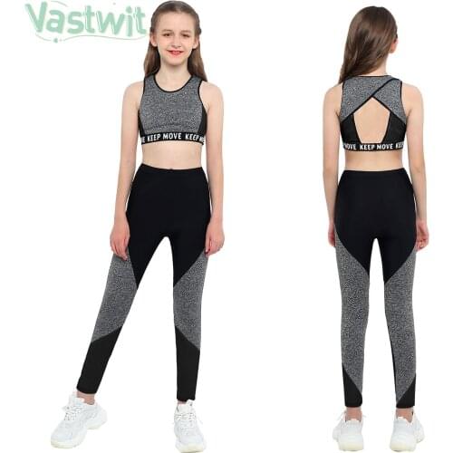 Kid Girls Clothes Sets Letter Printed Sleeveless Tanks Top Sport Crop Top with Leggings For Running Workout Dancewear Gymnastics