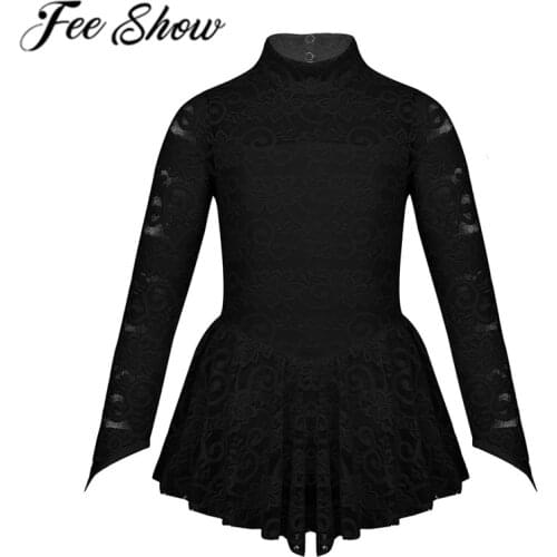 FEESHOW Kids Girls Mock Neck Long Sleeves Ballet Dance Leotard Princess Dress Floral Lace Figure For Ice Skating Roller Skating