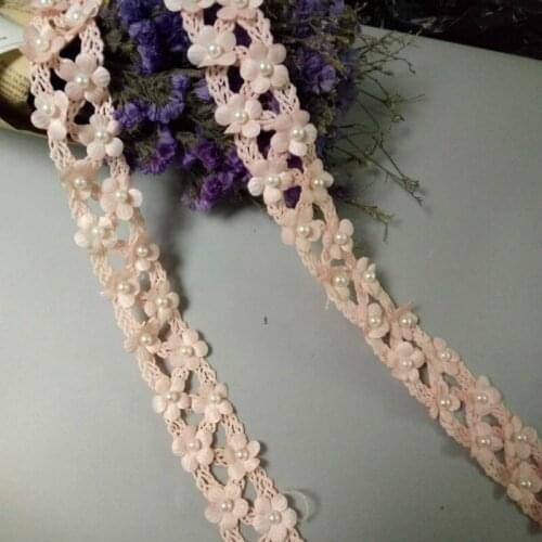 2 yard Pink Rhinestones Pearl Heart Embroidered Lace Trim Ribbon Applique Fabric Handmade DIY Wedding Dress Sewing Craft