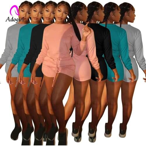 Fitness Women Sporty 2 Piece Set Long Sleeve Hoodies + High Waist Biker Shorts Matching Set 2021 Autumn Solid Workout Tracksuit