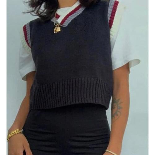 Knitted Tank Sweater Vest Women Color Matching Sleeveless V-Neck Vintage Crop Top Preppy Style Sweet Ladies Pullover Waistcoat