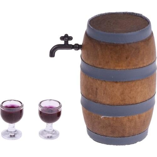 1:12 Scale Doll house Miniature Wine Beer Barrel Beer Cask Beer Keg and Wine Glass Set for Dolls House Decoration Accessories