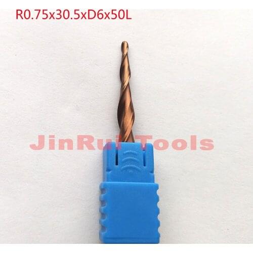 1pc R0.75*D6*30.5*50L*2F HRC55 Tungsten solid carbide Coated Tapered Ball Nose End Mills CNC milling cutters knife