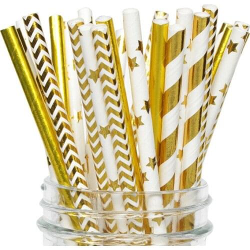 25pcs set Metallic heart star Foil Stripe Paper Straws Gold Foil Stripe Paper Straws Silver Foiled stripe party boy baby shower