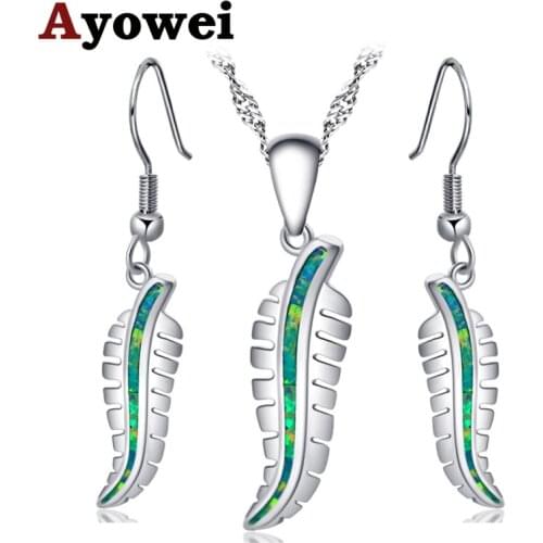 Ayowei Party gift earrings pendant necklace leaf Silver stamped green fire opal set for women party OS033A
