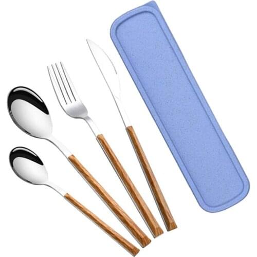 BMBY-304 Stainless Steel Tableware Set Glossy Wood Silver Dinnerware Sets Western Food Knife Fork Teaspoon Cutleries 4PCS