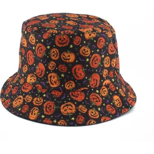 Halloween Pumpkin Skull Print Reversible Bucket Hats Men Women Harajuku Hip Hop Cap Bob Fisherman Hat
