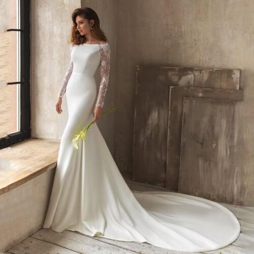 Eightree Elegant Mermaid Ivory Wedding Dress Satin Lace Long Sleeve Backless Formal Bridal Gown Long Evening Dresses Custom Size
