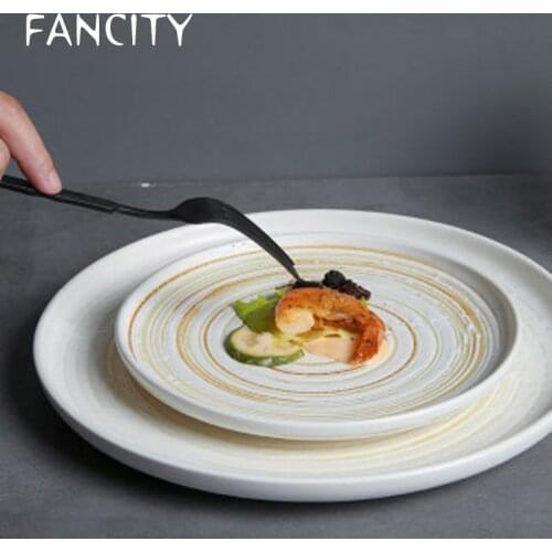 FANCITY Japanese-style creative household ceramic tableware hand-painted swirling flat plate household dish fish dish steak dish