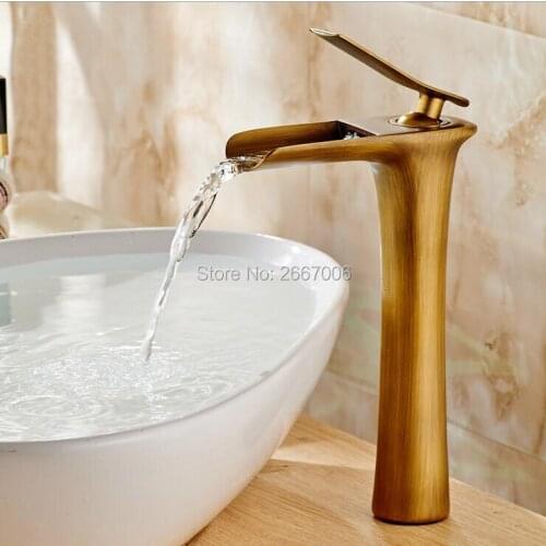 GIZERO Antique Copper Waterfall Faucet Single Level Bathroom Countertop Faucet Hot and Cold Mixer Taps GI107