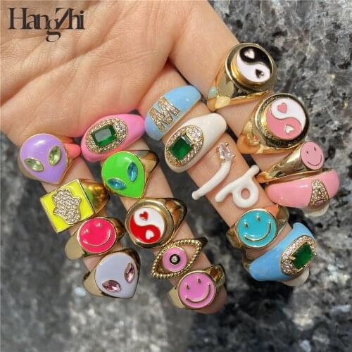 HANGZHI 2021 New Korean Colorful Metal Dripping Oil Smily Alien Taichi Snake Rings for Women Girls Summer Party Jewelry Gifts