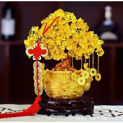 Chinese Golden Crystal Lucky Money Fortune Tree LUCKY Fortune Wealth Home Office Decoration Ornament Figurines Best Gifts