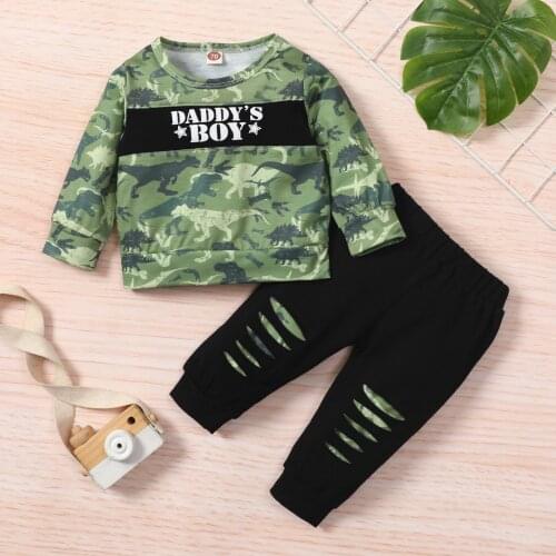 2 Pieces Kids Clothes Set, Boys Dinosaur Letter Print O-neck Long Sleeve Tops+ Ripped Trousers for Spring Fall, Blue/green