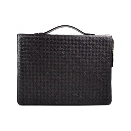 Leather folder A4 document file folder A4 braided weaved leather zipped folder bag dark brown