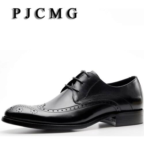 PJCMG New Breathable Mens Business Lace-Up Black/Red Carved Pointed Toe Dress Genuine Leather Wedding Oxfords Office Shoes