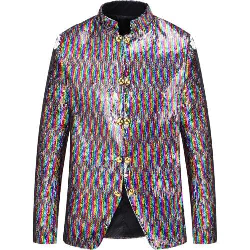 Chinese Style Stand Collar Mens Costumes Colorful Sequins Suit Jackets Party Nightclub DJ Singers Stage Bar Coat Men Blazers