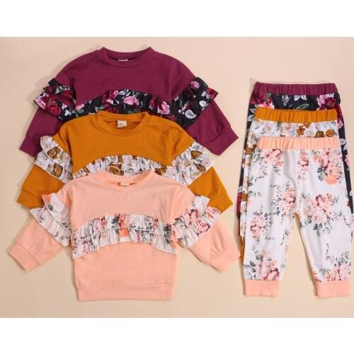 2021 Autumn New Little Girl’s T-shirt and Trousers Suit Fashion Ruffles Long Sleeve Tops and Flower Long Pants