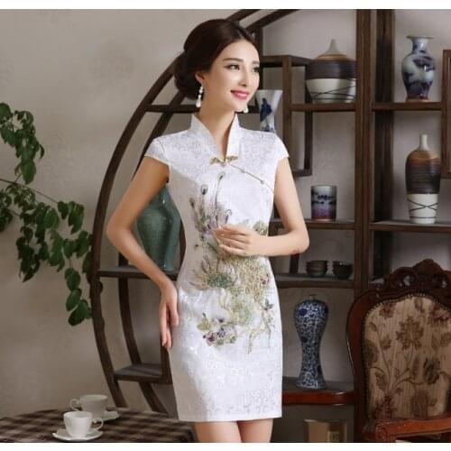 New Women Chinese Embroidery Designs Cheongsam Dress Oriental Style Gold Thread Phenix Qipao Short Low Slits Plus Size