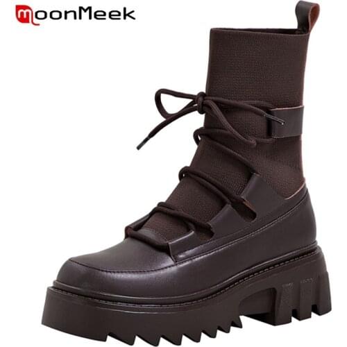 MoonMeek New Arrival Cow Leather Shoes Lace Up Ankle Boots Platform Square Heels Female Shoes Winter Hand Made Retro Sock Boots